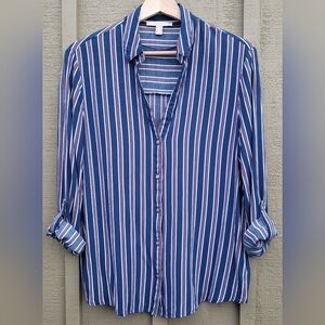 Esprit 100% Viscose Vertical Stripe Button-Down Y-neck Shirt, Red White Navy